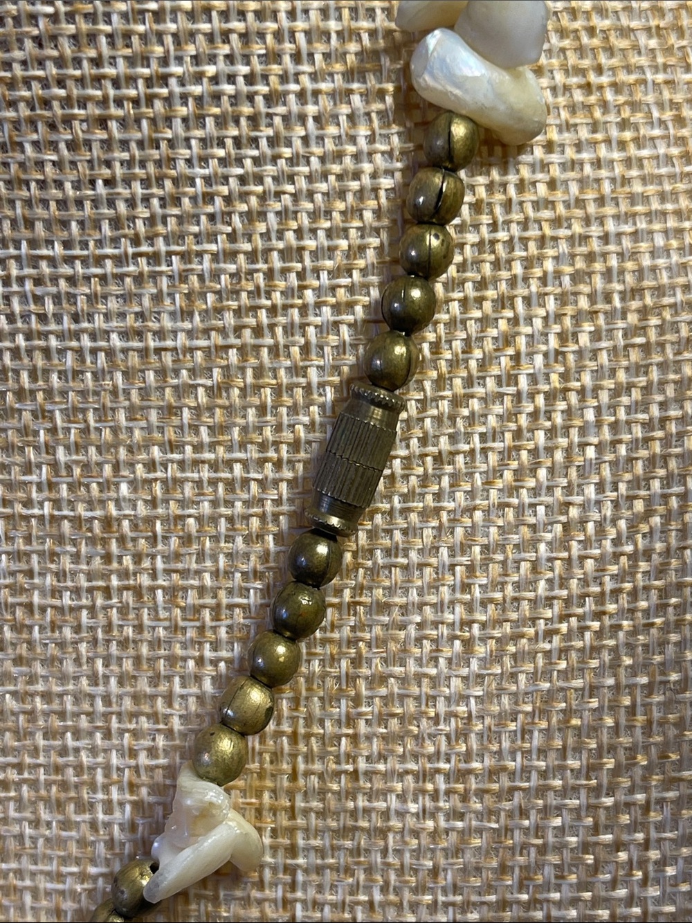 Vintage brass bead necklace w/ natural mother of pearl chips & carved pendant - Picture 5 of 5